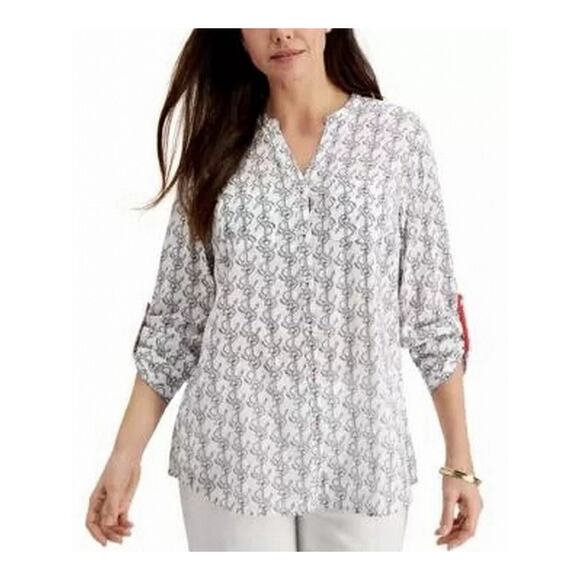 Charter Club Womens White Anchor-Print Button Up Shirt Top Sleeve Tab Medium C4 - Picture 1 of 5
